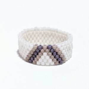 Handmade Beaded Ring, Cream & Purple Band, Size 6.5